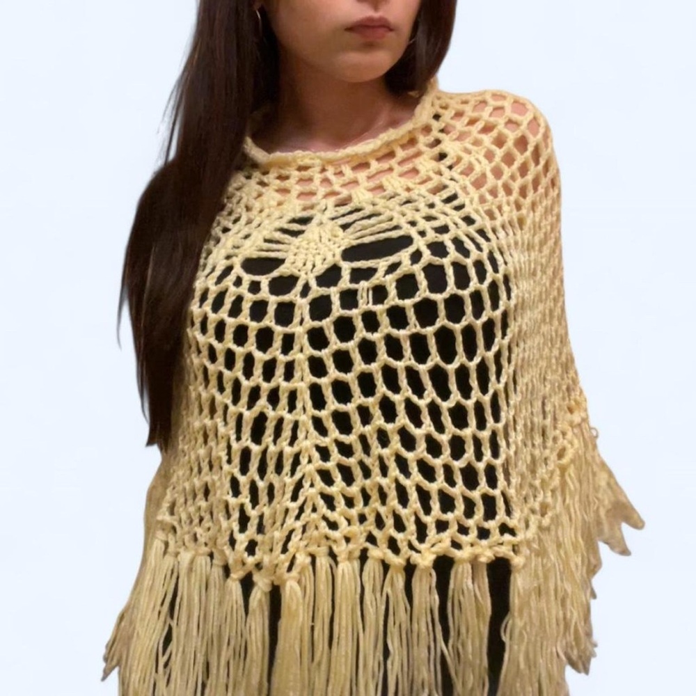 Handmade Yellow Crochet Butterfly Fringe Poncho